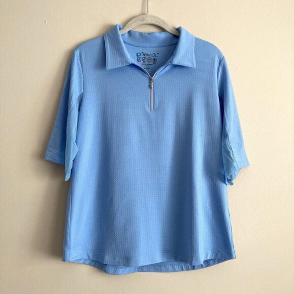 IBKUL Womens Large Blue Short Mesh Sleeve 1/4 Zip Shirt Top UPF 50 Golf